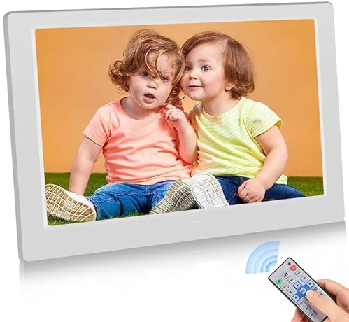 YOUYU Cornice Digitale 10 Pollici con Telecomando, Collega e USA, Visualizza IPS, Riproduzione Automatica di Foto/Video/Calendario/Orologio, Cornice Elettrica Supporta USB e Scheda SD (Bianca)