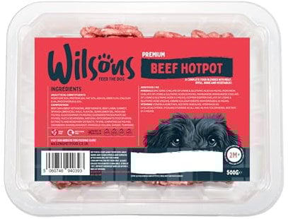 Wilsons - Premium Raw Frozen Wet Dog Food, Hypoallergenic, Grain Free, Natural Ingredients, Multipack, Suitable for Adult Dogs and Puppies 2 Months and Up (Beef Hotpot) (48 x 500g)