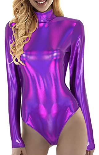 Body da donna metallizzato lucido a collo alto, per yoga, body olografico, a maniche lunghe, da balletto, costume da danza DS Stage, body da ginnastica, body sportivo, 03-viola, XL