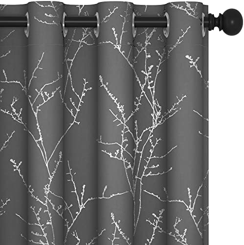 Deconovo Blackout Curtains 84 Inch Drop, Door Themal Eyelet, Silver Tree Branches Printed Window Treatment Curtains for Living Room, Grey, 52 x 84 Inch (W x L), 2 Panels