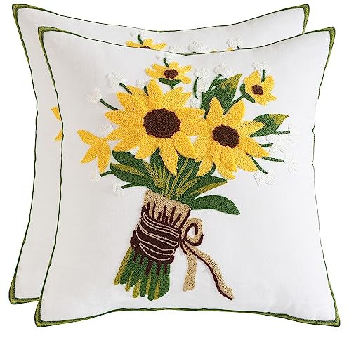 Tosleo Bestickte dekorative Wurfkissenbezüge 45 x 45 cm für Gartenlounge Sofa Dekokissen Wohnzimmer Schlafzimmer 2 Stück Set Kissenbezüge Blumenmuster (Sunflower Bouquet, 45 x 45 cm)
