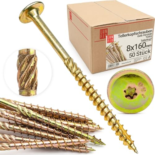 Lun Fix Vis à bois TX40 8.0x160 mm 50 pièces | fixation terrasse | charpente | toiture | tête large torx | acier zingué | filetage partiel | panneaux agglomérés | cloison | lunfix