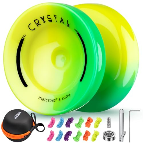 YOSTAR Professionell Kristall Yoyo K2 Gelb Grün, Reagierendes Trick JoJo für Kinder, Dual Purpose Profi Yoyo, mit Nicht Reagierendem Yo yo Lager Kit, 12 Saiten, Yo-Yo Case