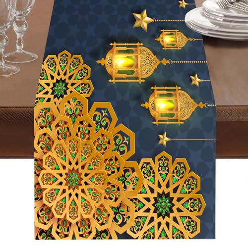Ramadan tischläufer,Ramadan Lantern Mond tischband blau Baumwolle Leinen Ramadan tischdecke 186 x 33 cm tischläufer modern eid Mubarak Dekoration