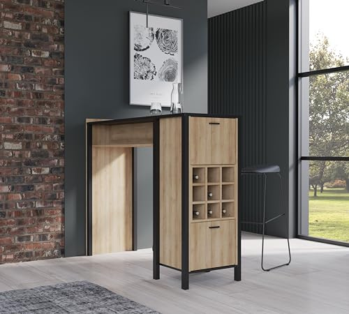 Forte HIGH Rock Bücherregal 150, Bücherregal mit Barfach L/R 2, Regalschrank Modern, Regal, Wohnzimmer, Holzwerkstoff, Schwarz/Riviera Eiche Holzdekor, 151,5 cm breit x 120,3 cm hoch x 49,2 cm tief
