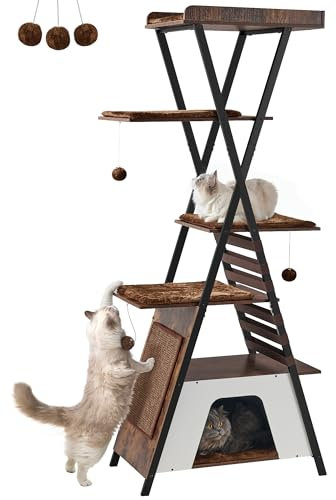 FourFurPets Arbre à Chat Hauteur 184 cm, Tour à Chat Moderne pour Chats d'intérieur, Condo à Plusieurs Niveaux avec grottes, Arbre à Chat Haut avec Planche à gratter, Pads Amovibles,Marron Rustique