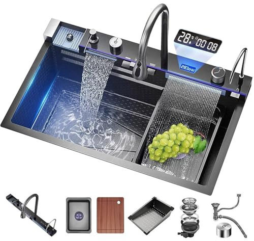 XDCXYD Fregadero de cocina en cascada fregaderos de cocina inteligentes multifuncionales de acero inoxidable fregadero de estación de trabajo con grifo extraíble (Gris pistola, 68 * 45 * 22CM)