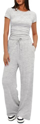 KOEMCY Completi Donna Estivi Casual Moda Set di Pantaloni Casa Jogging Yoga Elegante Tuta Completa Top Slim Fit e Lunghi Pantaloni con Tasche e Coulisse (Grigio Chiaro,S)