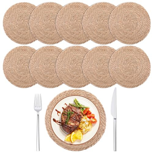 Round Woven Placemats Set of 10, 12 Brown Round Rattan Placemats Natural Water Hyacinth Place mats Farmhouse Boho Braided Placemats for Dining Table, Home, Wedding, Heat Resistant/Anti-Slip