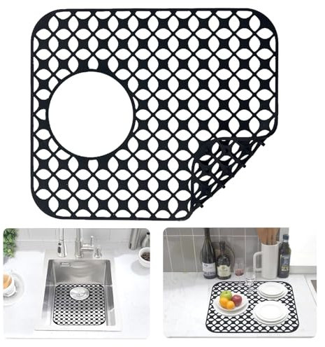 iAnomla Silicone Sink Mat, 34x30cm, Non-Slip Sink Protectors for Kitchen Sink, Mats Counter Protector for Bottom of Kitchen Sink, Dishes and Glassware Drain Mat - Black(with Hole)