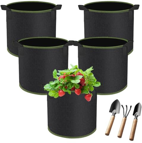 Ruayia 5 macetas de tela de 12 l + 3 paletas de jardín de jardín, saco de tela no tejida, resistente a desgarros, bolsa de plantación con asas para balcón, terraza, invernadero y jardín