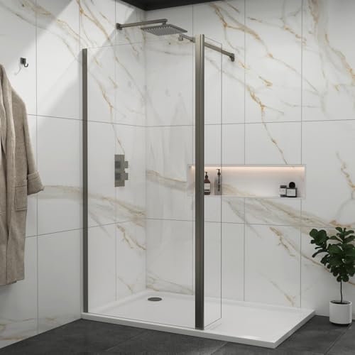 600mm Gun Metal Grey Walk in Wet Room Shower Screen with 300mm Flipper Panel 8mm Easy Clean Toughened Safety Glass with Top Support Arm