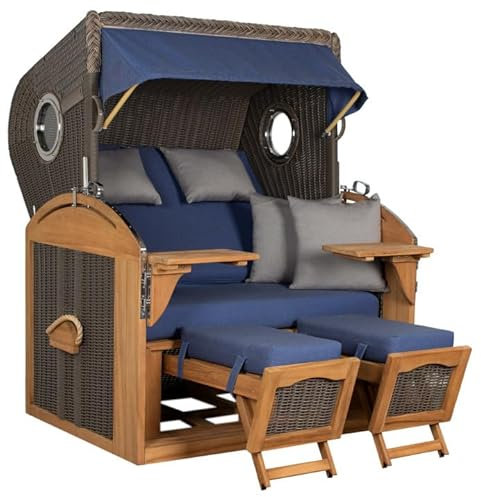 MR. DEKO® Strandkorb Schillig 2,5-Sitzer Teak | PE Geflecht Grey | Volllieger Strandstuhl mit Bullauge inkl. 2 Fußablagen | je 2 Kissen und Nackenkissen | Strandkörbe aus Teak Vollholz (Dessin 595)