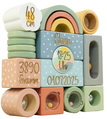 Pamamba Personalisierter Stapelturm aus Holz mit Gravur – Klang- & Sinnesblöcke | Motorikspielzeug | Geschenk zur Geburt, Taufe - 1. Geburtstag