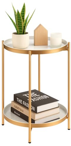 JF HOME BLISS Round Side Table with 2-Tier Storage Modern Metal End Table with Removable Tray Small Coffee Table for Living Room Bedroom Balcony Patio (White Gold)