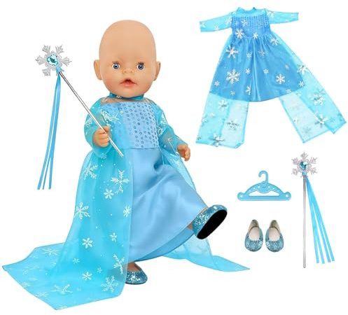 Atomvia Baby Puppen Puppenkleidung 35–43 cm Prinzessin Kleid Set, Blaues Puppenkleid mit Schneeflocken Tüllrock, Schuhe, Zauberstab & Kleiderbügel, Zubehör für 14–18 Zoll Babypuppen