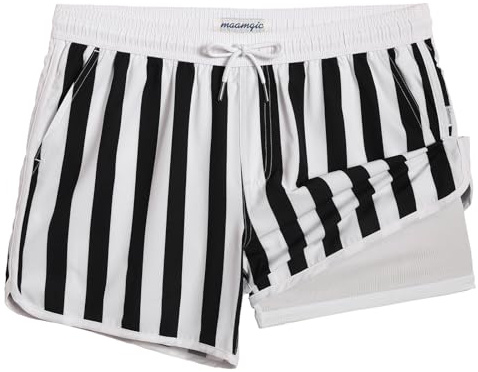 MaaMgic Costume da bagno corto da uomo, stile retrò, vintage, con compressione, pantaloni interni 2 in 1, ad asciugatura rapida, 4 vie, elastico e coulisse regolabile