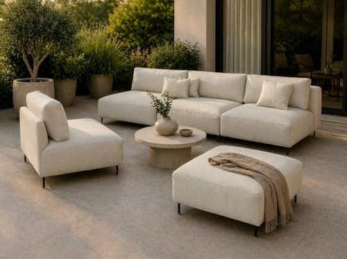 A&J MöbelLand Outdoor Lounge Set Sun mit Sofa, Sessel und Hocker in Creme - Wetterfestes Gartenmöbel Set für Terrasse, Balkon und Garten