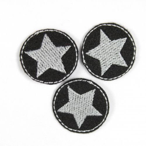 Aufbügler Bügelbild Bügelflicken rund 3er Set Klein Stern silber auf schwarz Sterne Flicken zum aufbügeln Mini Patches ø 3,5cm