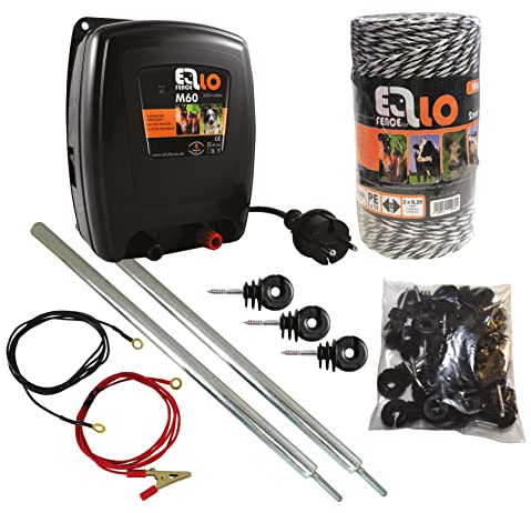 Ellofence Hobby Weidezaun Starterset komplett mit Weidezaungerät, Weidezaunlitze, Erdpfahl und Isolatoren - Extrem leises Gerät ! 230V