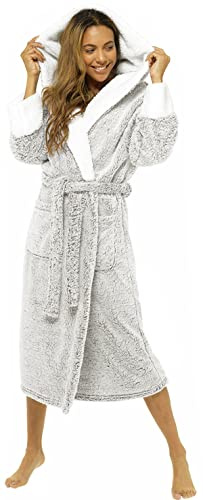 KATE MORGAN Ladies Dressing Gown Fluffy Super Soft Hooded Bathrobe for Women Plush Fleece Perfect Loungewear Long Robe | Gifts for Women (16-18)