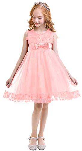 OwlFay Vestito Ragazze Fiore Pizzo Abito Senza Maniche Principessa Tulle Abiti Compleanno Festa Nozze Prima Comunione Battesimo Danza Cerimonia Sera Vestito per Bambine Rosa Chiaro 10-11 Anni