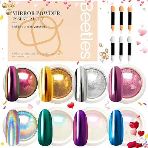 Beetles Chrome Nail Powder - 8 Farben Glitzerpuder Spiegeleffekt 0,5g/Dose | Holographische Aurora Schillernder Perlglanz für Nagelkunst Liebhaber Maniküre Chrom Nagelpuder