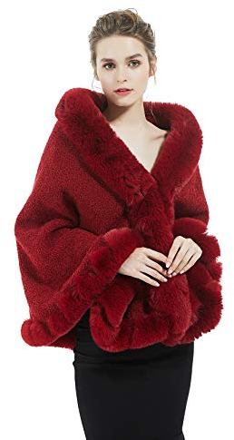 BEAUTELICATE Châle Étole En Fausse Fourrure Cape Veste En Laine D'agneau De Femme Mariage Hiver Soirée Mariée Cérémonie Fête Demoiselle d'honneur (Taille Unique, Rouge Vineux)