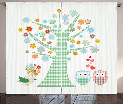 ABAKUHAUS Kindergarten Rustikaler Gardine, Romantische Eulen in Love, Schlafzimmer Kräuselband Vorhang mit Schlaufen und Haken, 280 x 225 cm, Mint Green Multicolor
