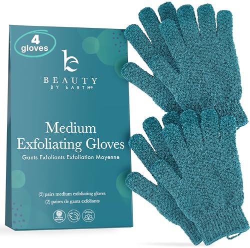 Exfoliating Glove (4 pcs, 2 Pairs) - Medium Shower Gloves for Body Scrub, Exfoliates & Removes Dead Skin