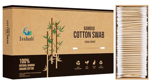 Bamboo Cotton Swabs - 2000 Count - Vegan, Sustainable, Eco Friendly, 100% Biodegradable Organic Cotton Buds by Isshah