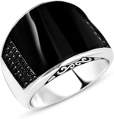 Herren-Ring aus massivem 925er-Sterlingsilber mit schwarzem Onyxstein, Ottoman-Stil, authentischer Edelstein, oval, handgefertigt, Stein:, Onyx