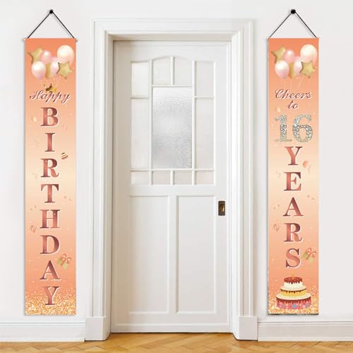 Happy 16th Birthday Door Banner Party Decorations,Rose Gold Fabric 16th Birthday Door Porch Sign Banner for Girls Women Ladies 16 Years Old.Birthday Party Indoor Outdoor Decor Supplies