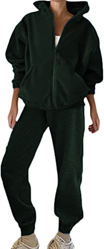 Minetom Damen Trainingsanzug Jogginganzug Sportanzug Anzug 2-Teiliges Set Freizeitanzug Jacke Hose Kapuzenjacke Hoodie Reißverschluss Herbst Winter Hausanzug A Grün XS