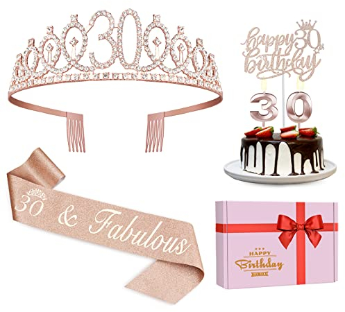 30. Geburtstag Frauen Deko, 30. Geburtstag Schärpe und Geburtstagskrone, Happy Birthday Tortendeko Kerzen, Geschenke für Frauen 30 Jahre