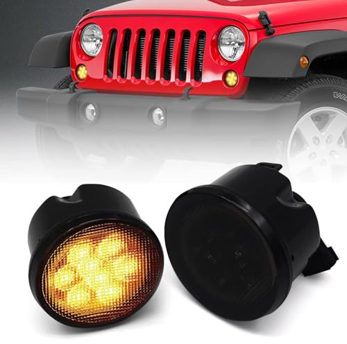 DKMGHT Blinker, Rauchglas, für Jeep Wrangler 2007–2018, JK JKU, bernsteinfarbene LED-Frontblinker, Grillanzeige, Standlicht (Honycomb Style)