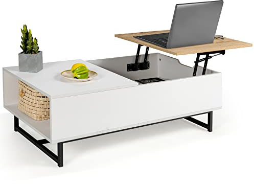 COSTWAY Lift Up Top Coffee Table, Convertible Side Tea Table with Hidden Storage Compartment, Wooden Sofa End Cocktail Snack Table for Home Office Living Room (with Side Open Shelf, White+Natural)