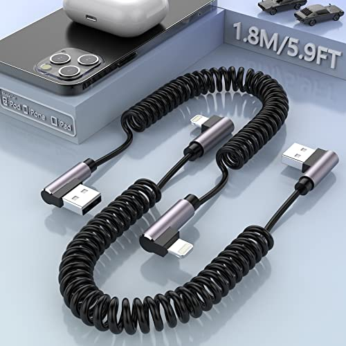 Coiled Lightning Cable, 90 Degree Nylon Braided Fast Charging Cable [Apple MFi Certified & CarPlay Compatible] 6FT Cord Data Transmission Compatible with iPhone 14/13/12/11/X/XS/XS Max/8/7/6