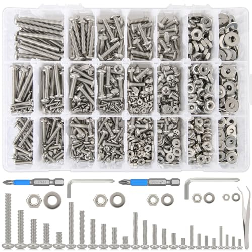 K Kwokker 1110Pcs #2-56#4-40#6-32#8-32#10-24 Nuts and Bolts Assortment Kit, Phillips Pan Head Machine Screw Assortment Kit, 25 Sizes 304 Stainless Steel Assorted Nuts and Bolts Washers for Screws