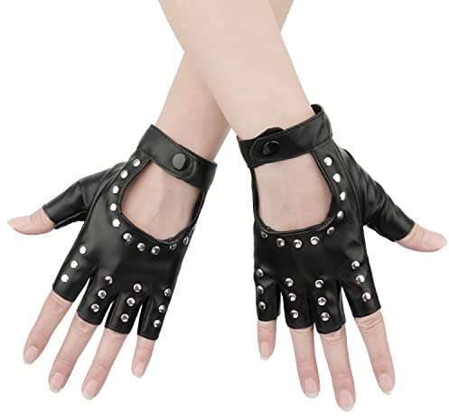 KINBOM 1 Paar Punk Handschuhe Fingerlos, Stilvolle Fingerlose Handschuhe aus Leder Punk Handschuhe für Halloween Damen Mädchen Cosplay Performance (Schwarz)