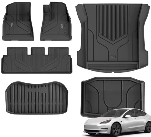 3W Floor Mats & Boot Liner Fit for Tesla Model 3 2021 2022 2023, Odorless All Weather Thoex™ Premium Mats, Tesla Model 3 Car Liner Waterproof Non Slip Easy Install Car Accessories (6 PCS)