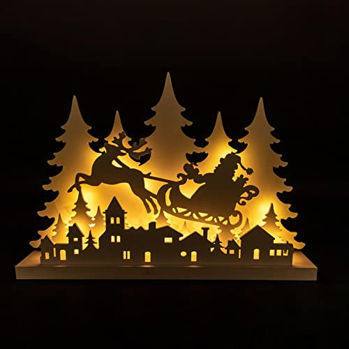 SHATCHI 60Cm Wooden Flying Santa Sleigh Christmas Decoration Pre Lit LED Xmas Village Scene Ornament Table Window Battery Operated