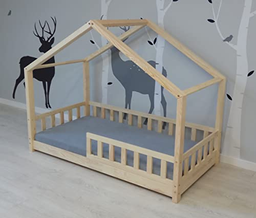 Best For Kids - Kinder Hausbett 90x190 mit 10cm Matratze | Montessori Bodenbett mit Rausfallschutz | Massives Holz Kleinkinderbett mit Absturzsicherung | Skandinavisches Naturholz Hausbett