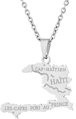 Stylish-Art Haïti Carte Pendentif Colliers - Motif Ethnique Drapeau Région Haïti Cartes Chandail Chaîne Charme Hip Hop Bijoux À La Mode pour Femmes Hommes Clavicule Chaîne Colliers,Argent,50 cm
