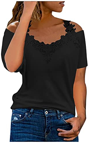 Tunika Damen Sommer Kurzarm Tshirt Modische Spitzenbesatz Bluse Schulterfreies V-Ausschnitt Shirt Floralem Schmetterlingsdruck Oberteile Sexy Schnürung T-Shirt Slim Fit Tops Partywear S-5XL