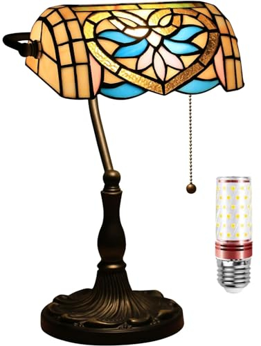 Uziqueif Klassische Bankerlampe Retro, Tiffany tischlampe, tischlampe mit zugschalter, Lampenschirm Glas, Tischleuchte Für Büro, Nachttischlampe