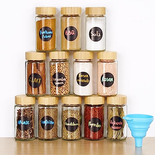 Yangbaga Rund Gewürzgläser 12er Set, 120ml Gewürzdosen Glas Bambusdeckel Gewürzstreuer mit Schraubkappe, Gewürzbehälter Gewürze Aufbewahrung mit Etiketten und Trichter