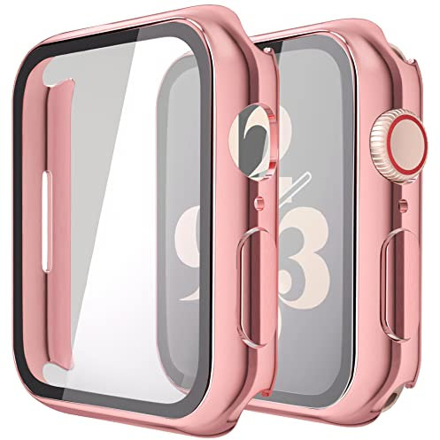 Recata 2 Pièces PC Coque avec Protection ecran en Verre Trempé Compatible avec Apple Watch Series 9 (2023) Serie 8 Serie 7 45mm Protection iWatch légère et Antichoc, 1 Rose Pink+ 1 Transparent