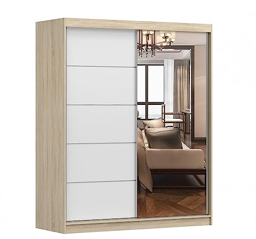 Kleiderschrank V6 mit Spiegel 160 cm, Schwebetürenschrank, Garderobeschrank Schlafzimmer; Wohnzimmerschrank; Korpus Schrank Farbe: Sonoma; Farbe der Schrankfront: Weiß - 2 Schiebetüren