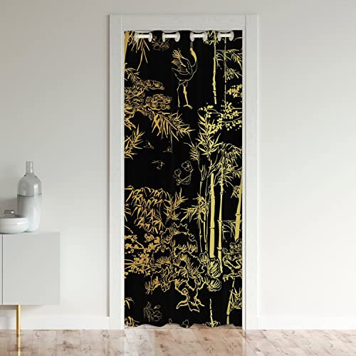 Tenda per porta in bambù, motivo botanico, copertura per la privacy, per bambini, ragazzi, ragazze, pannello termico isolato di lusso, colore nero dorato, divisorio, copertura per armadio, 86 x 203 cm